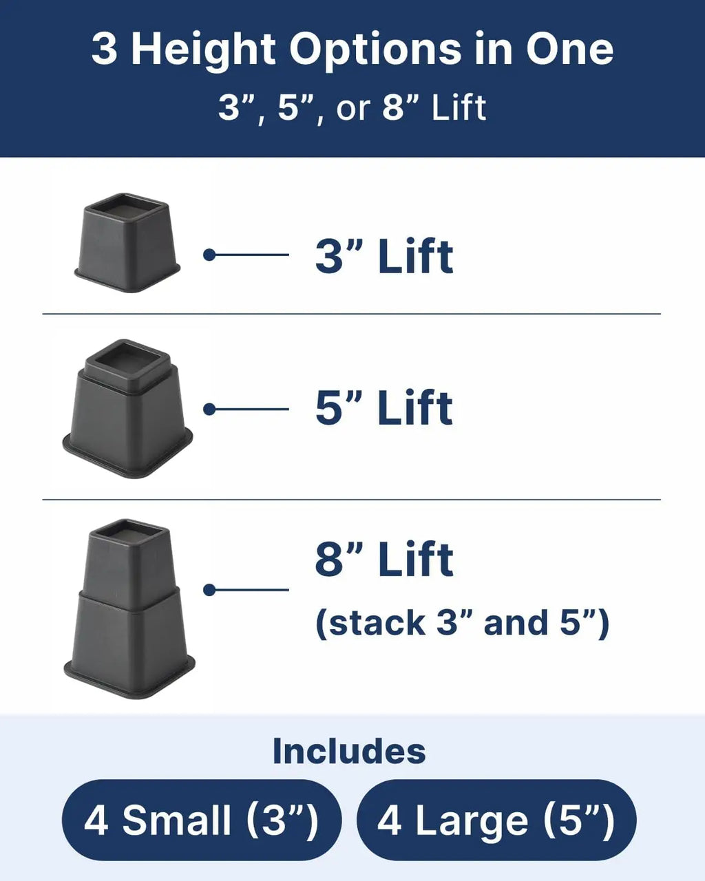 Adjustable Bed Risers — Set of 8, 3/5/8 Inch