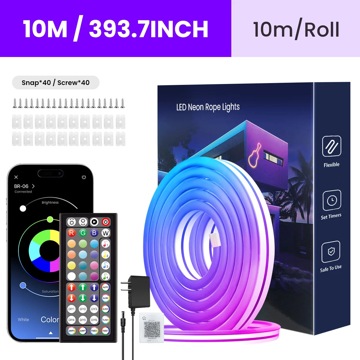 RGB LED Rope Lights — App & Remote Control, 10–30m