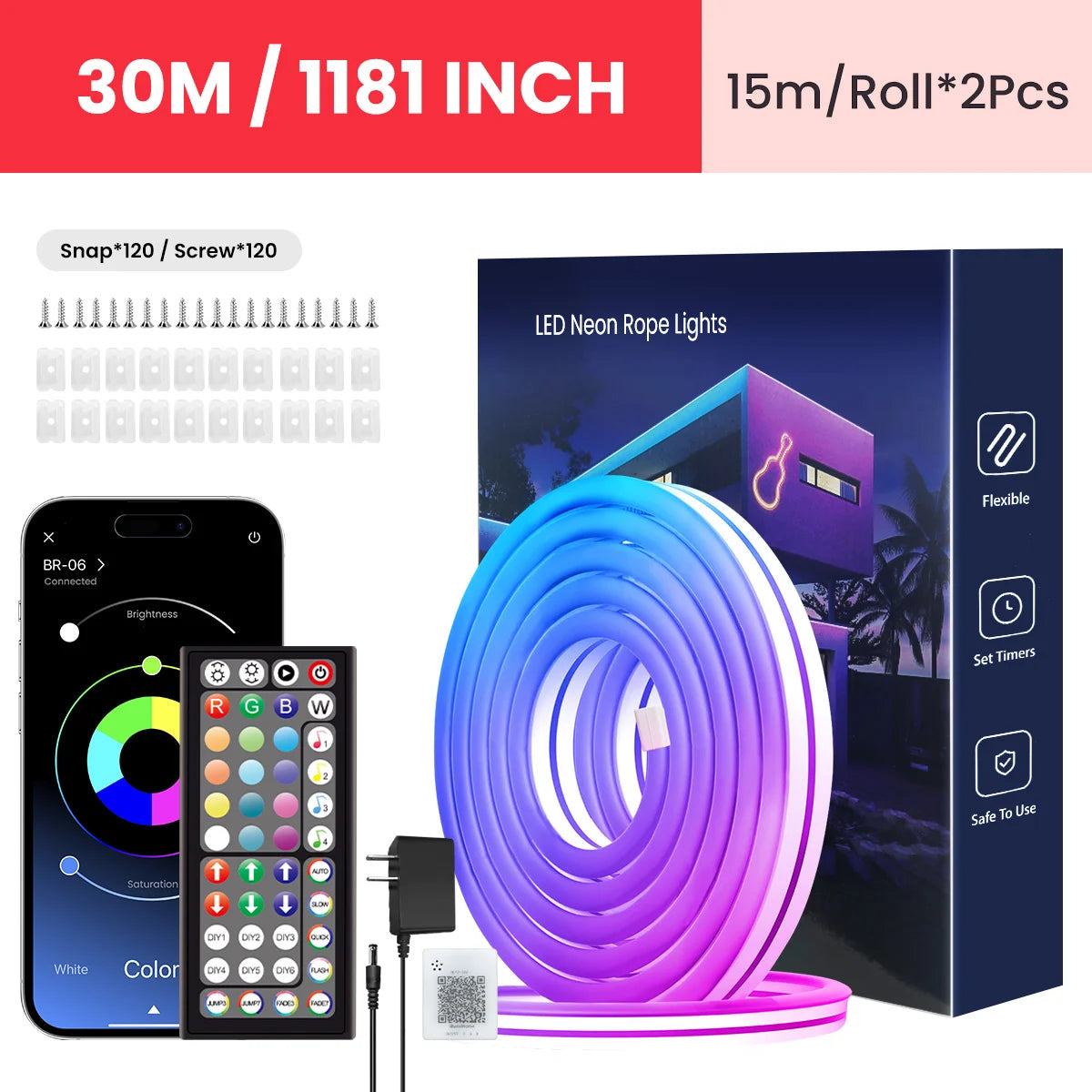 RGB LED Rope Lights — App & Remote Control, 10–30m