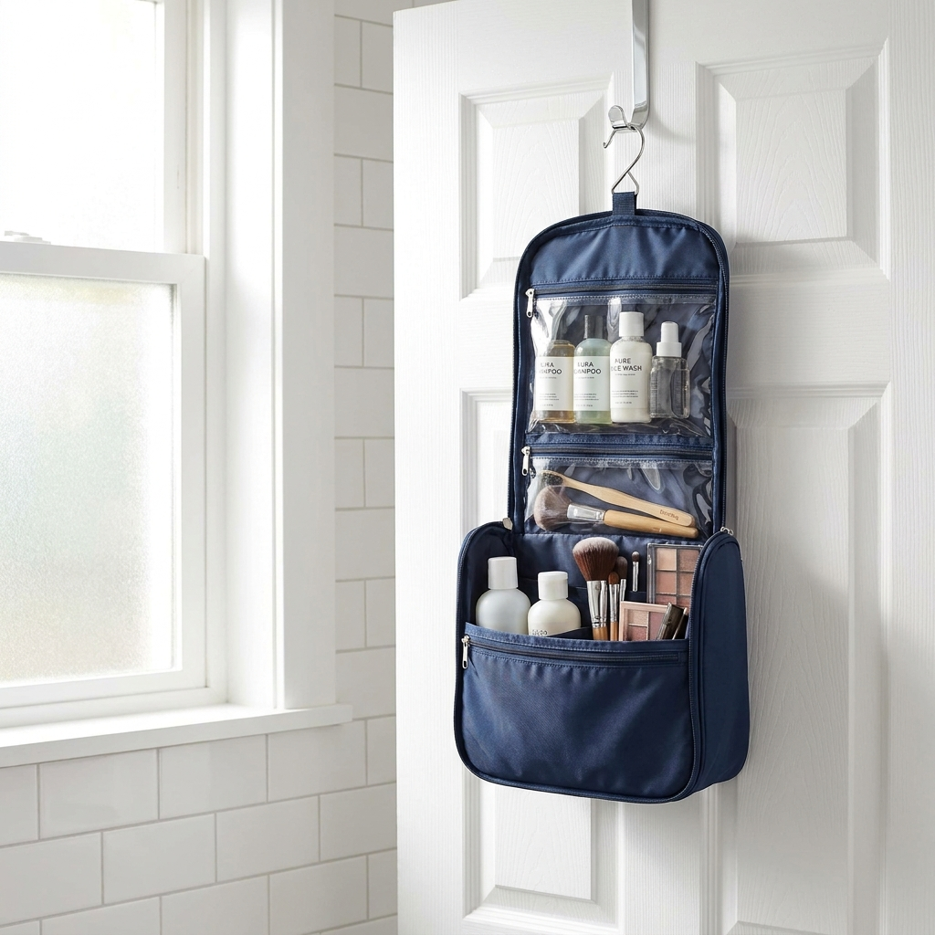 Hanging Toiletry Bag in dorm bathroom