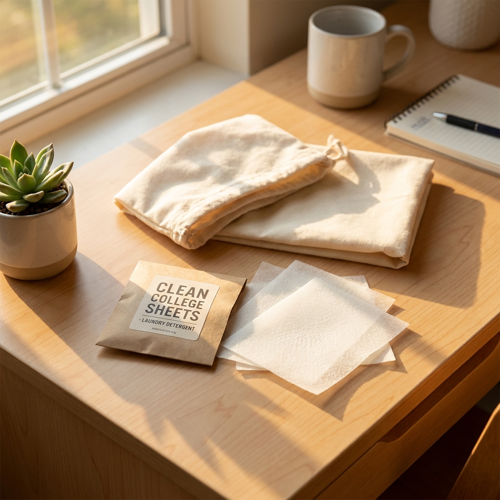 Laundry Detergent Sheets on dorm desk