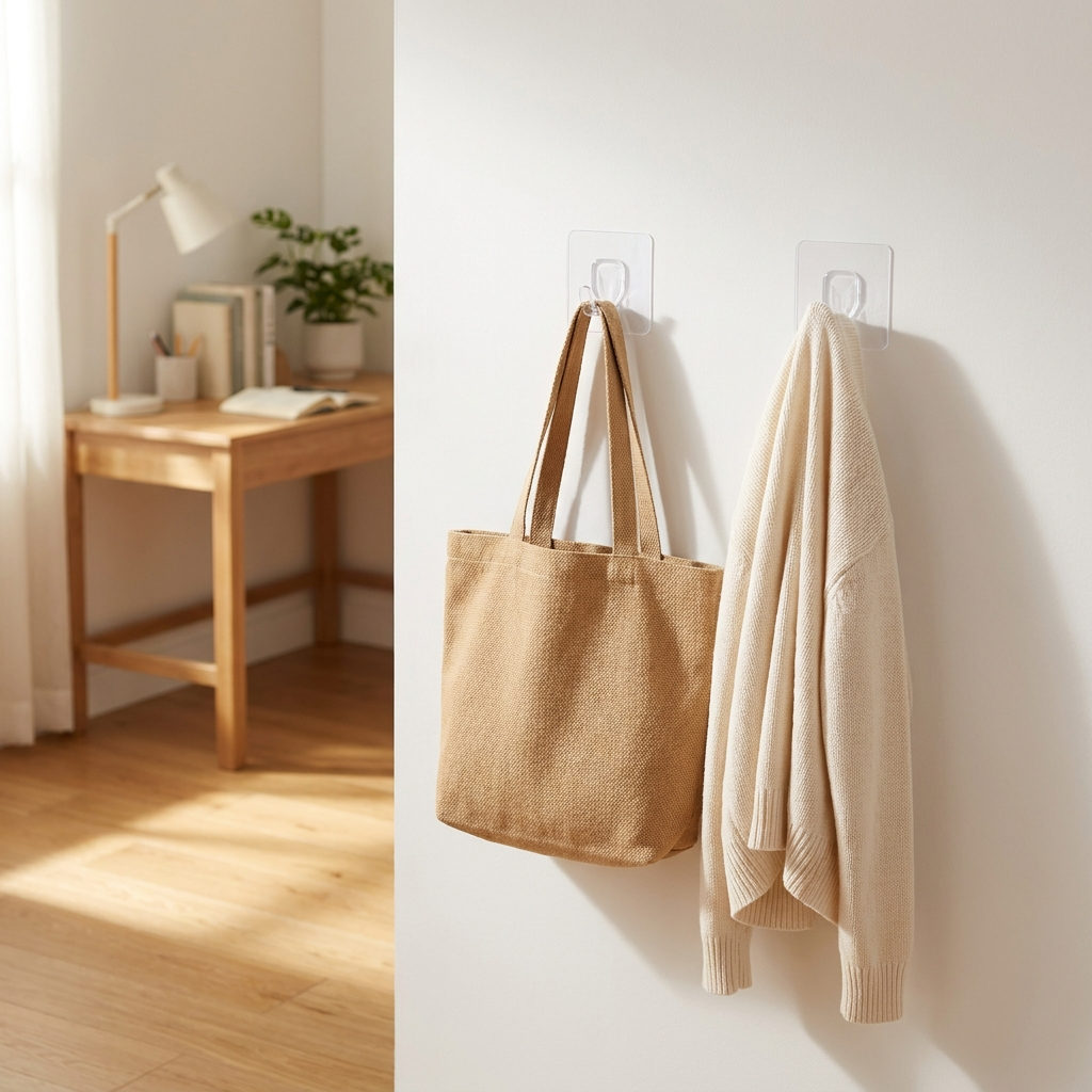 Adhesive Wall Hooks holding bag and cardigan
