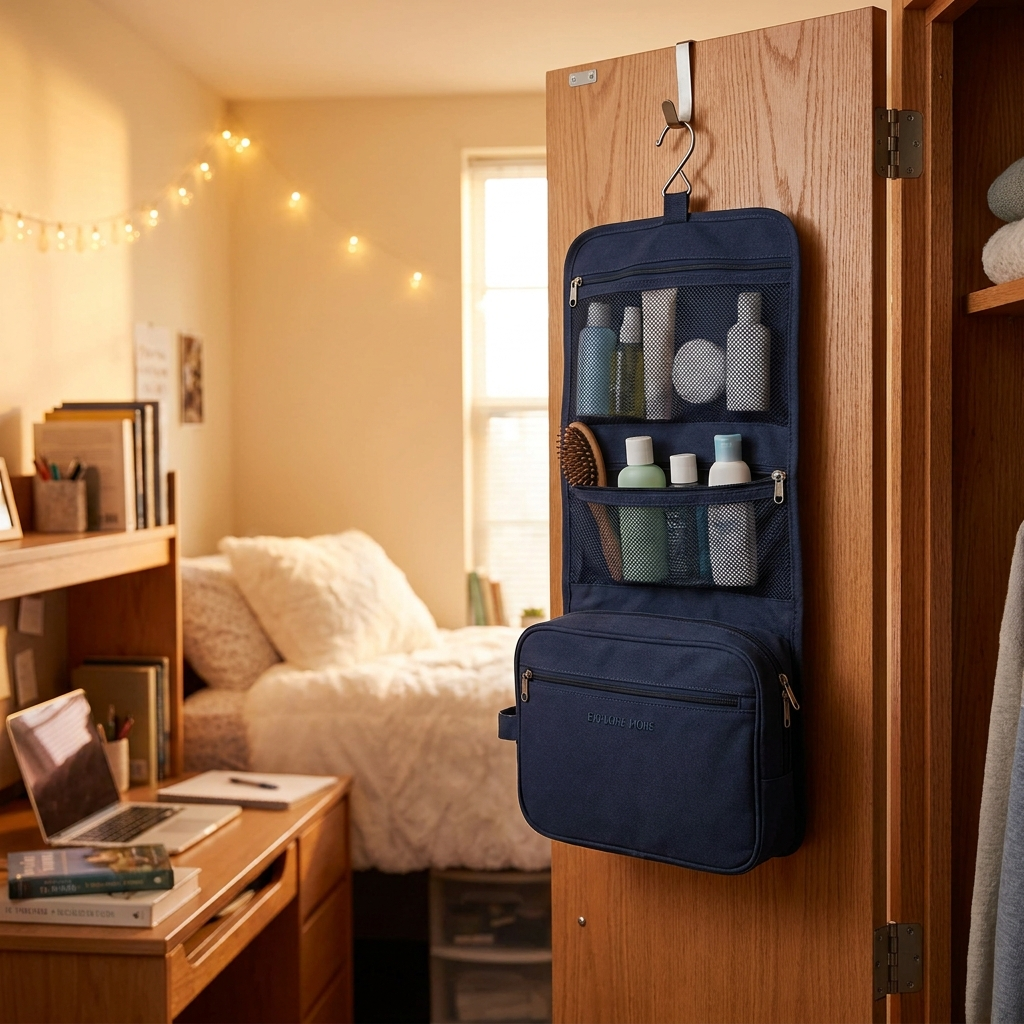 Hanging Toiletry Bag on dorm closet door