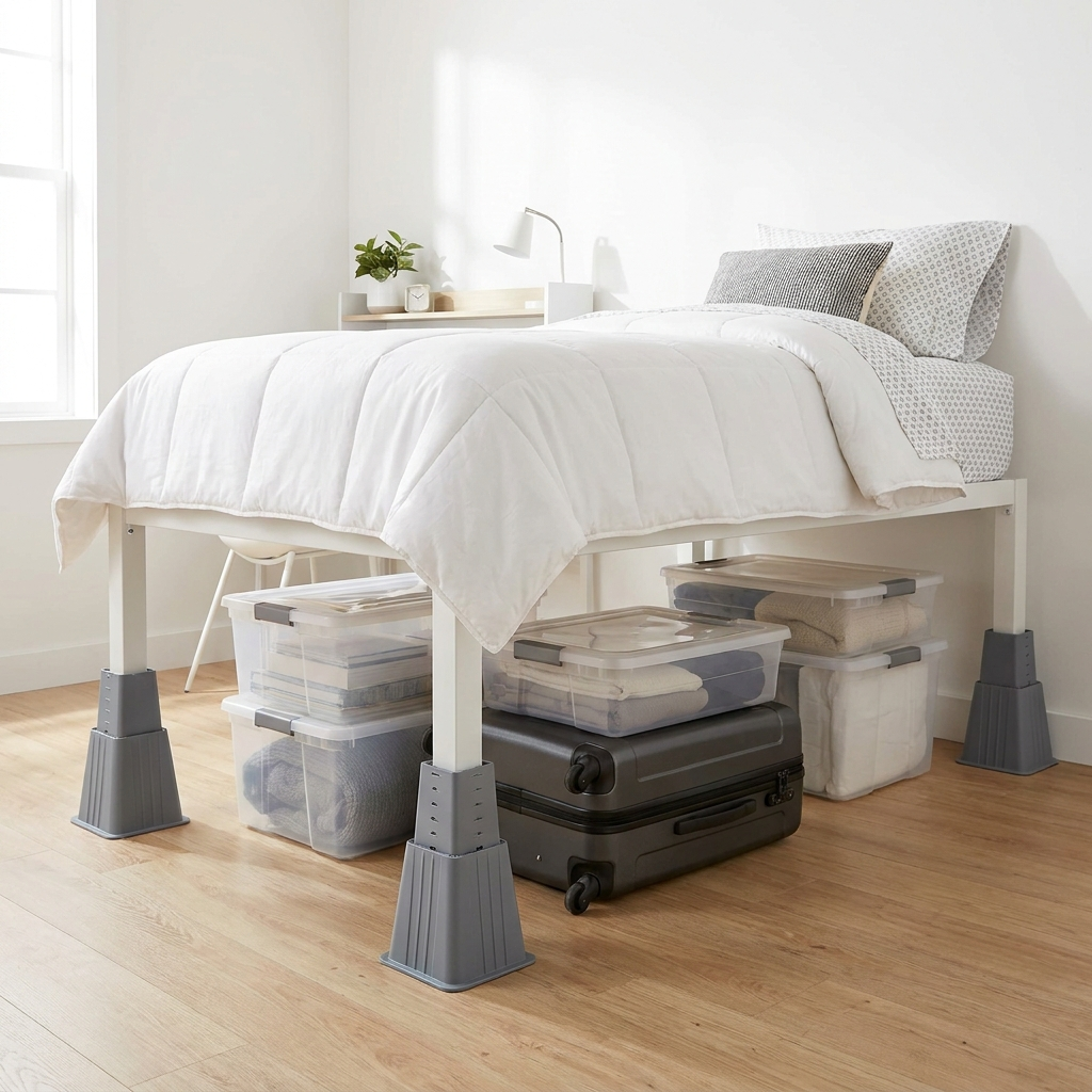 Adjustable Bed Risers raising dorm bed for storage