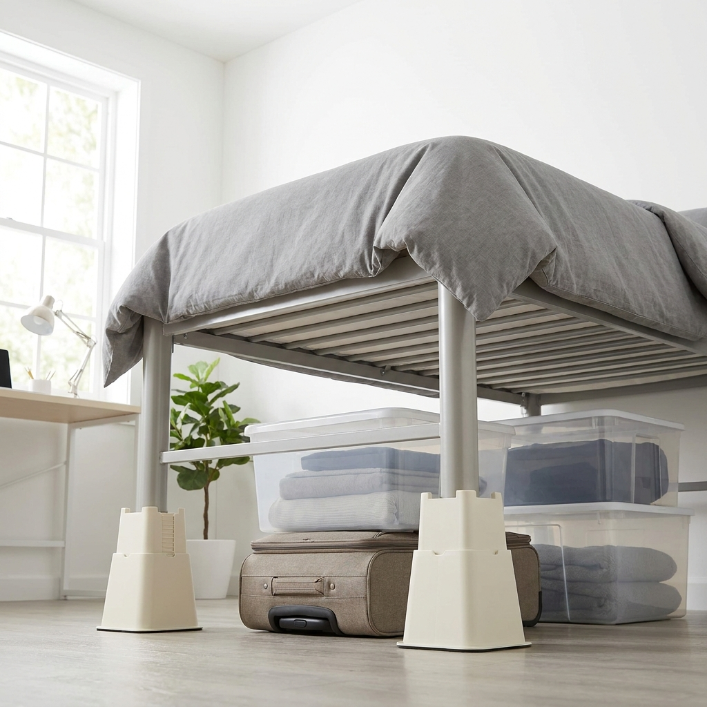 Adjustable Bed Risers dorm storage view