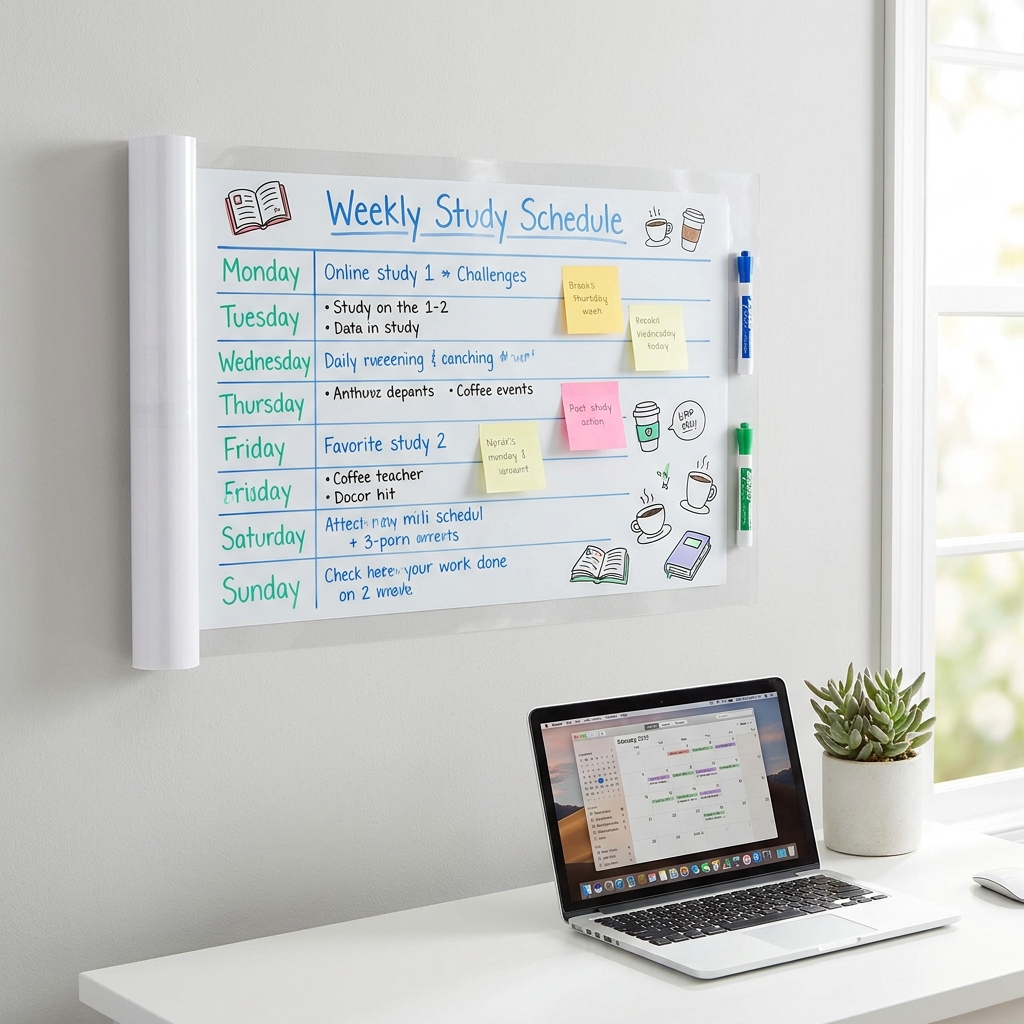 Cling Whiteboard Roll on dorm wall with study schedule
