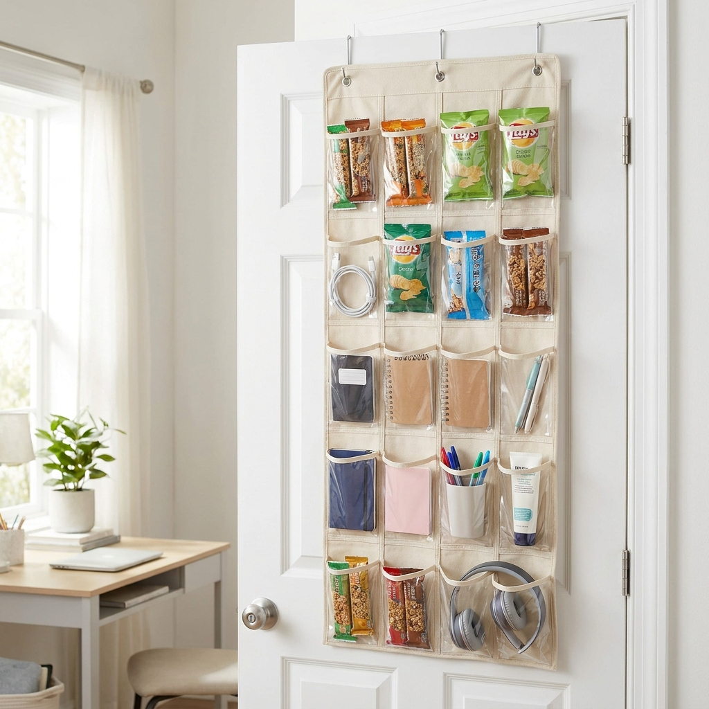 Over-door pocket organizer filled with dorm essentials