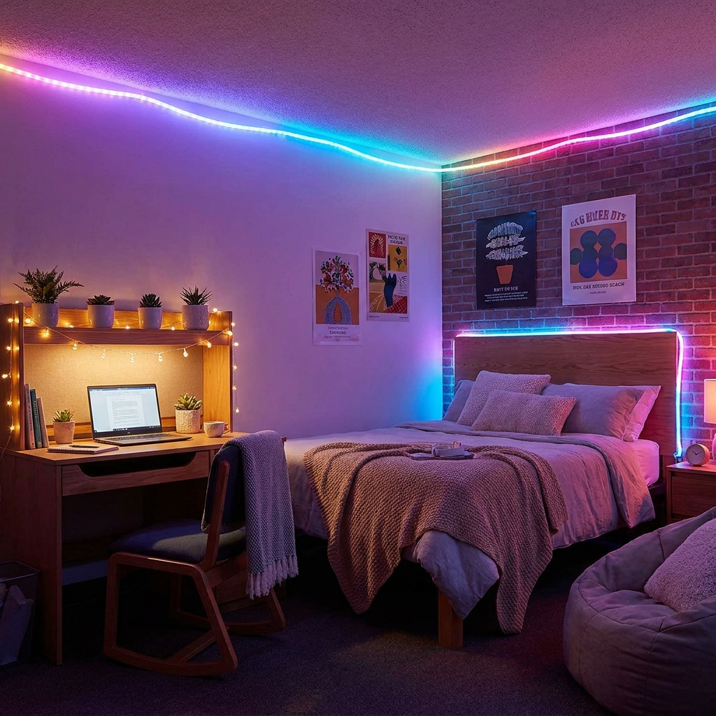 RGB LED rope lights glowing in dorm room