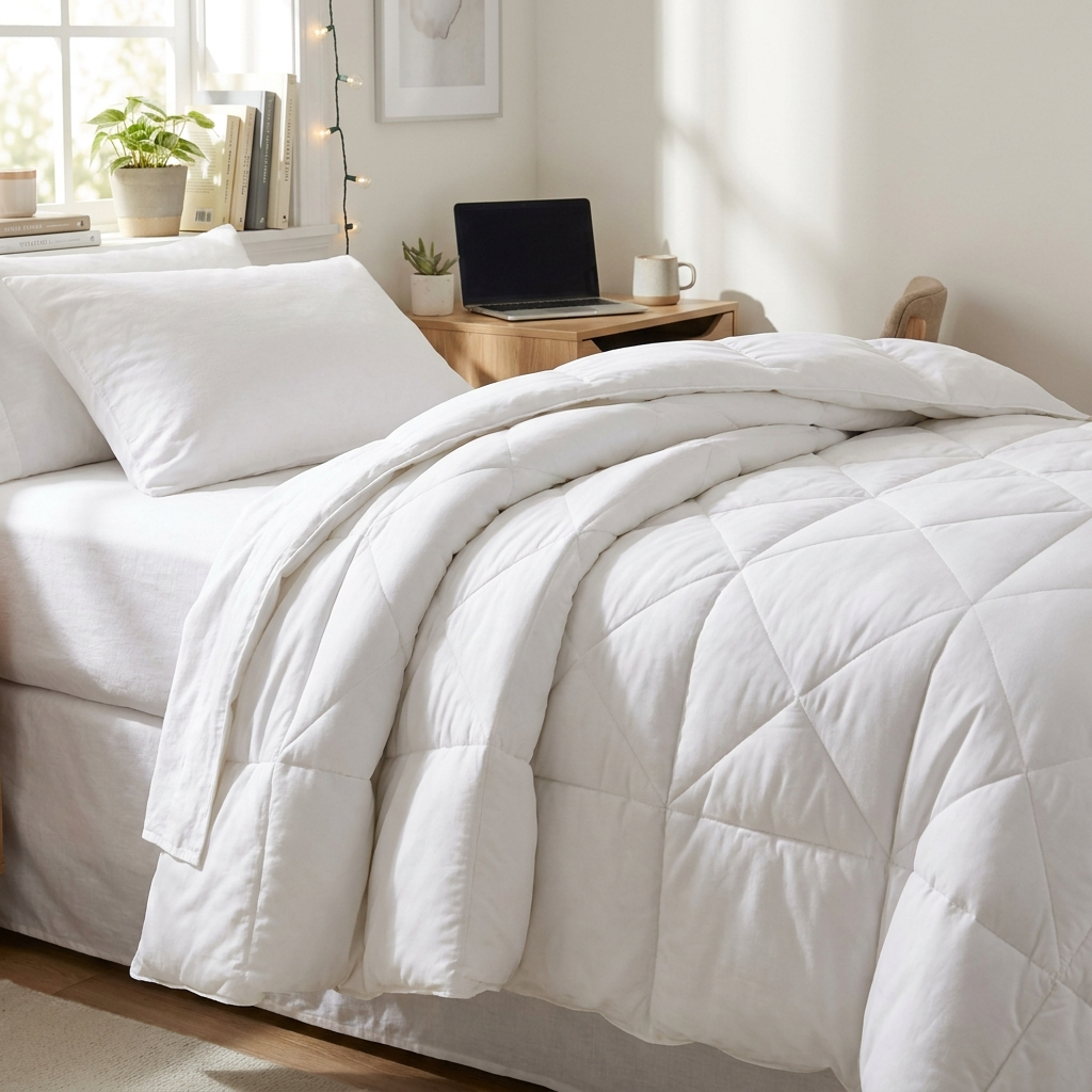 Fluffy white comforter cozy dorm bedroom