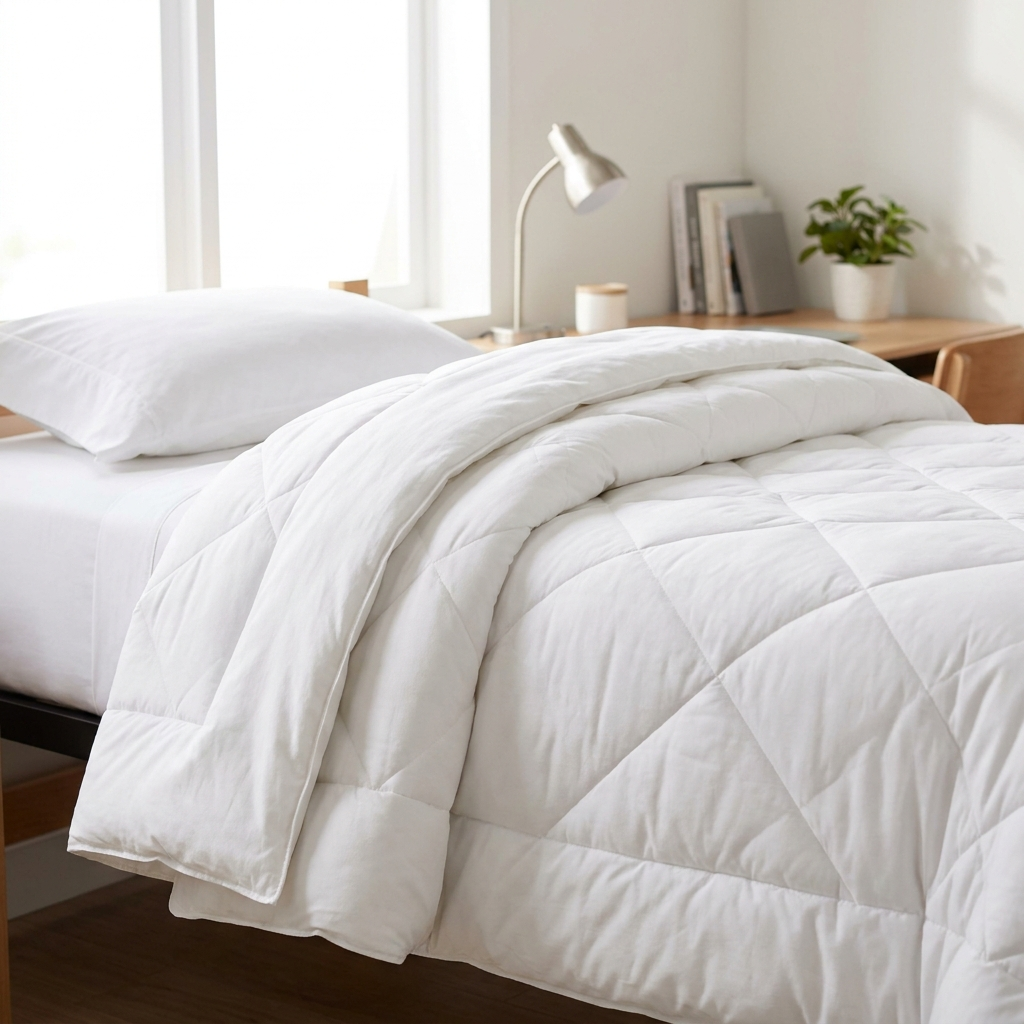 Down alternative comforter on dorm bed