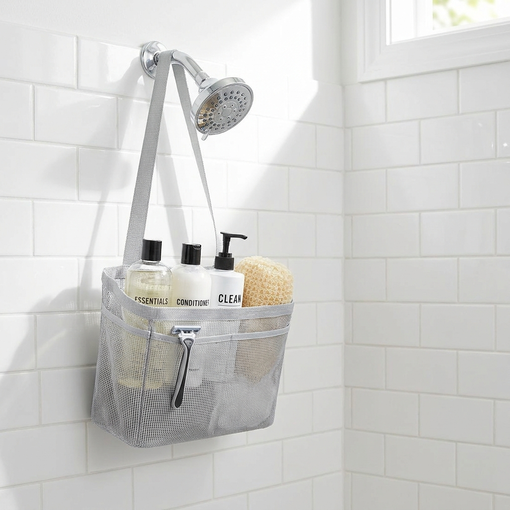 Shower caddy tote with toiletries organized