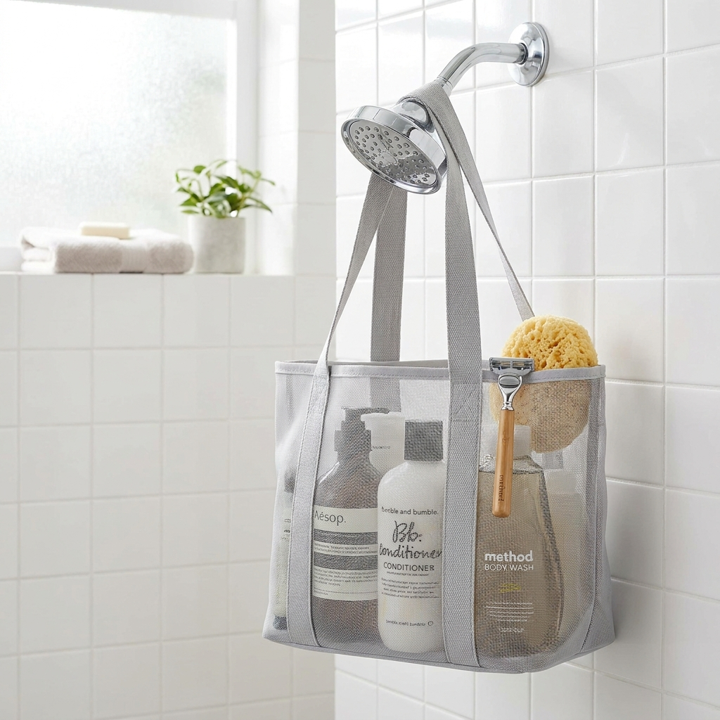Mesh shower caddy tote in dorm bathroom