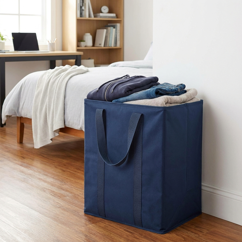 Collapsible laundry hamper in dorm room corner