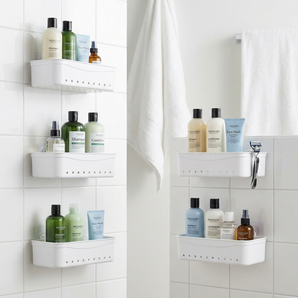 Adhesive shower caddy shelves on dorm tiles
