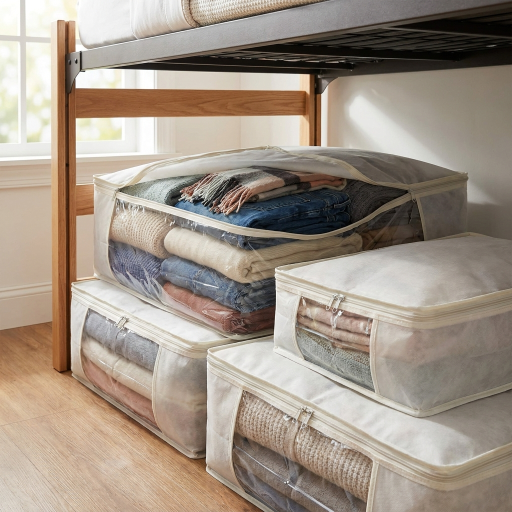 Foldable storage bags under dorm bed