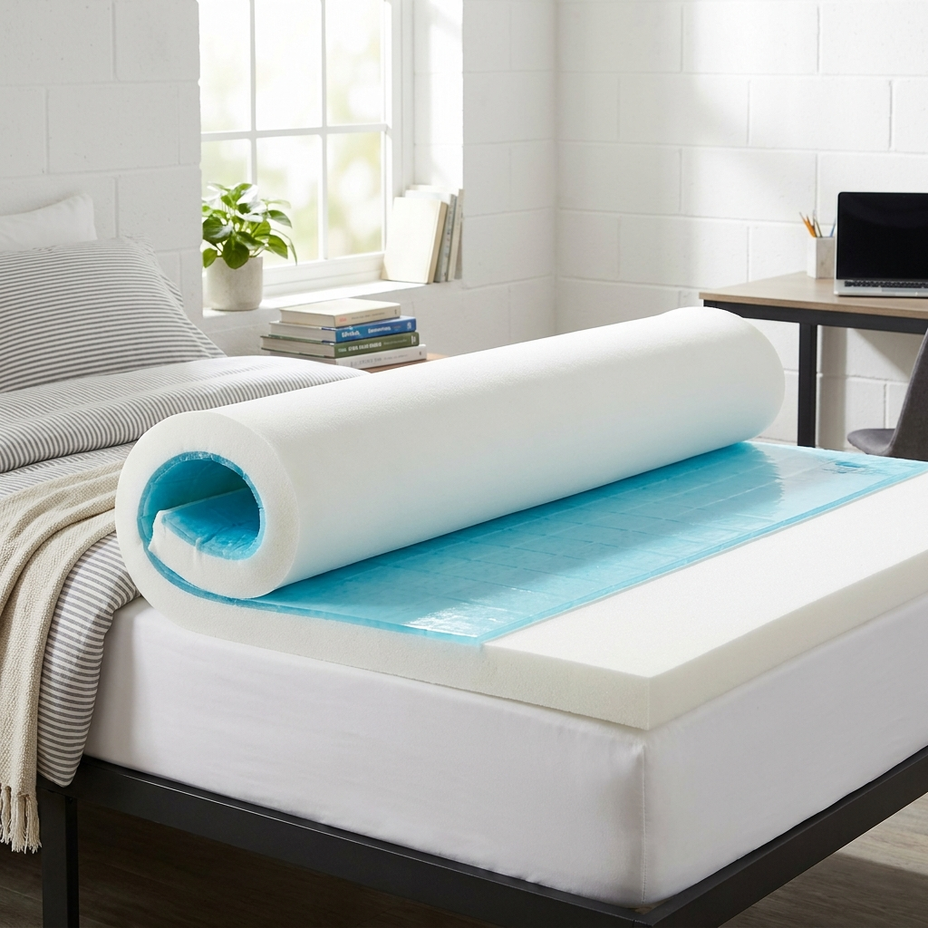 Cooling gel memory foam mattress topper on dorm bed
