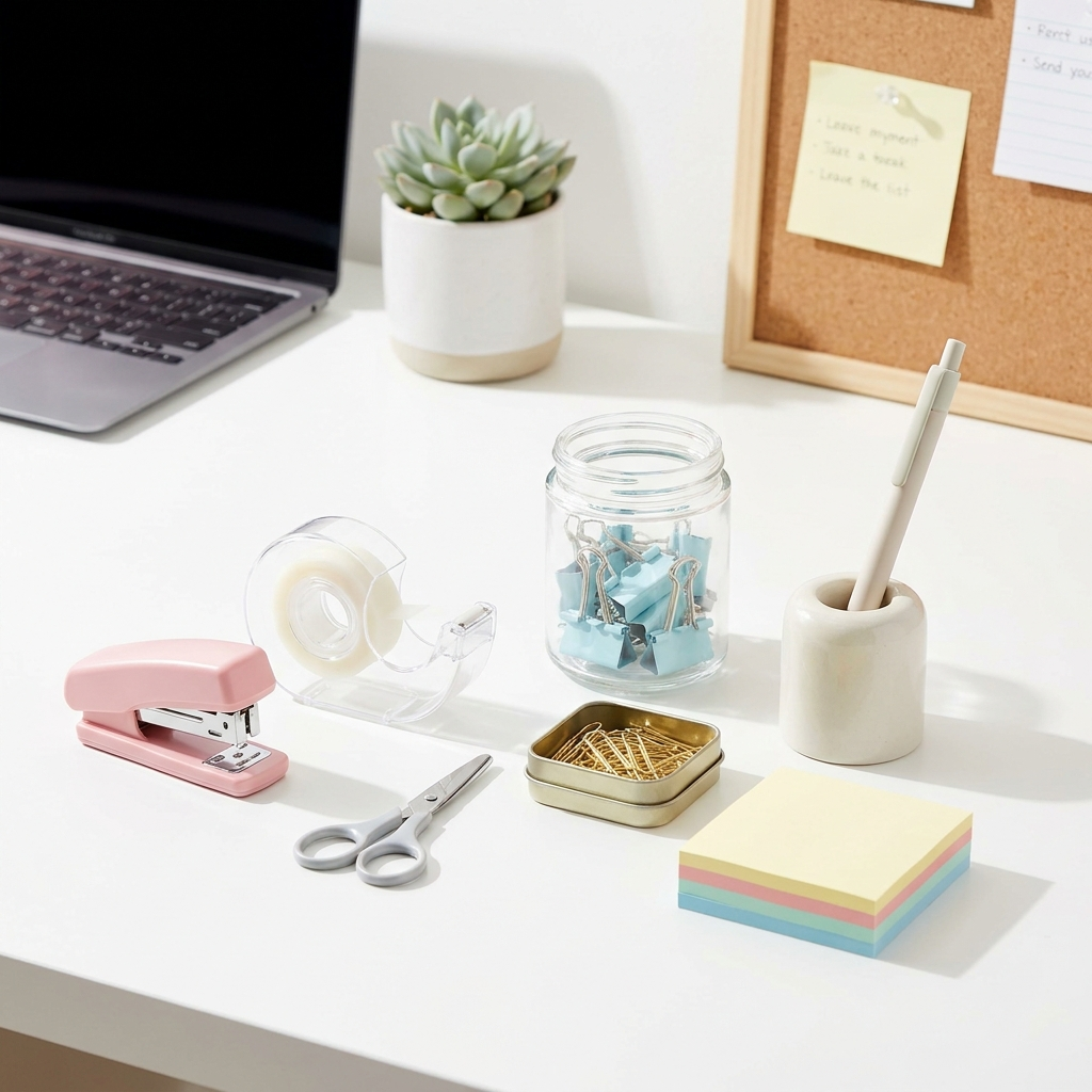 Desk stationery set flat lay on dorm desk