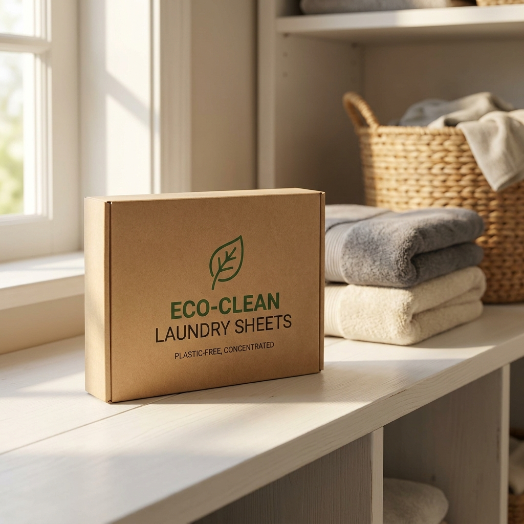 Eco-friendly laundry detergent sheets in cardboard box on dorm shelf with towels