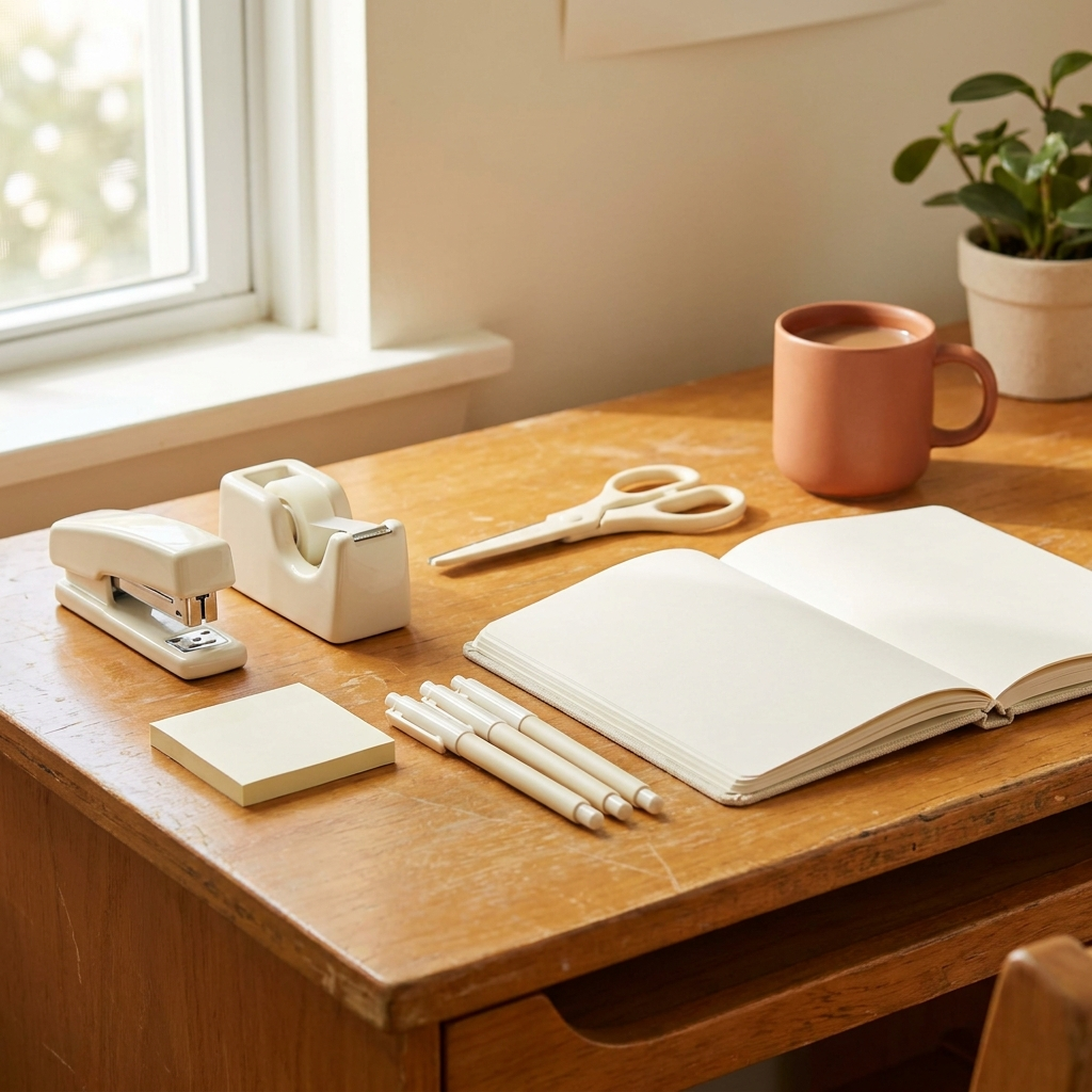 Desk stationery set styled on a dorm desk