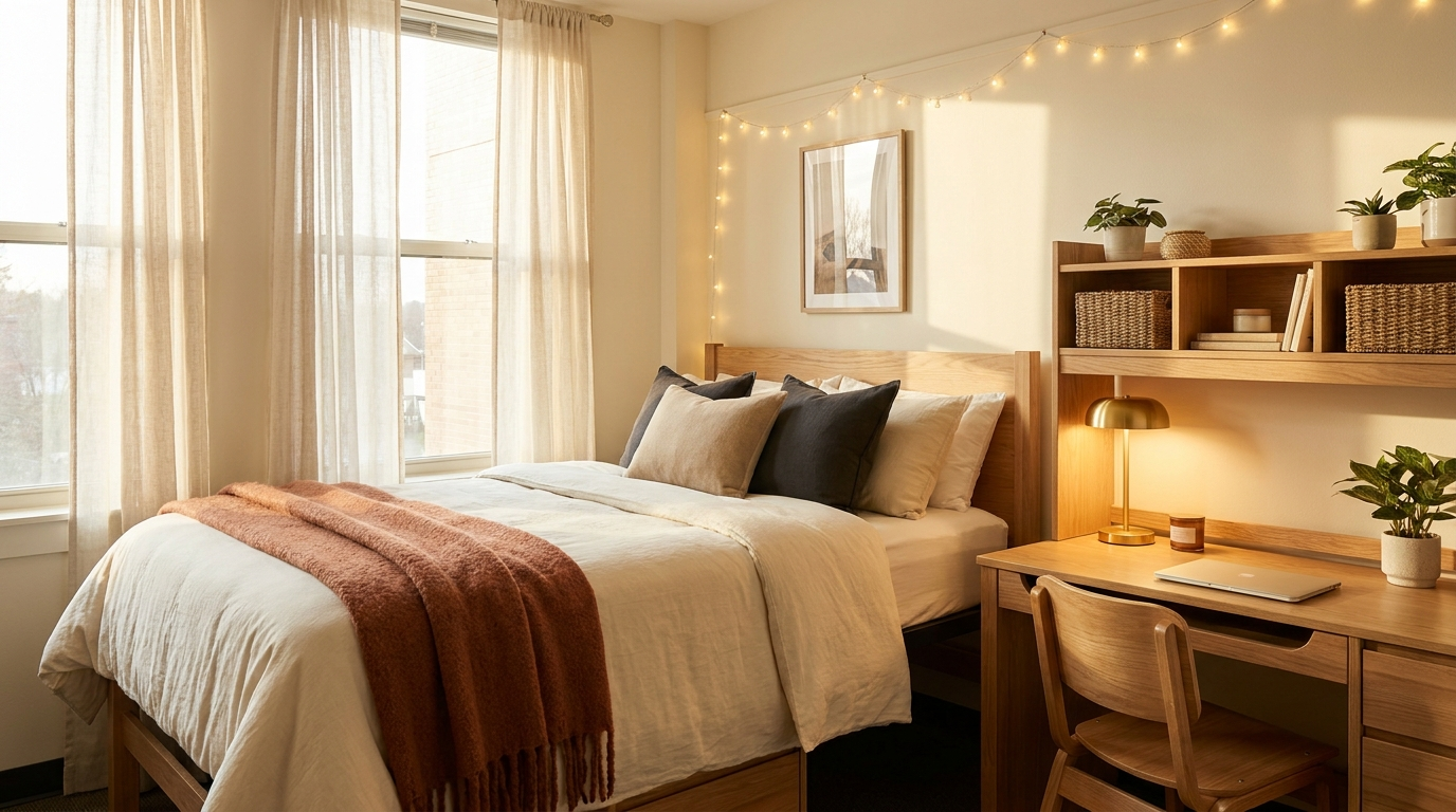 Styled dorm room with ivory bedding and terracotta accents